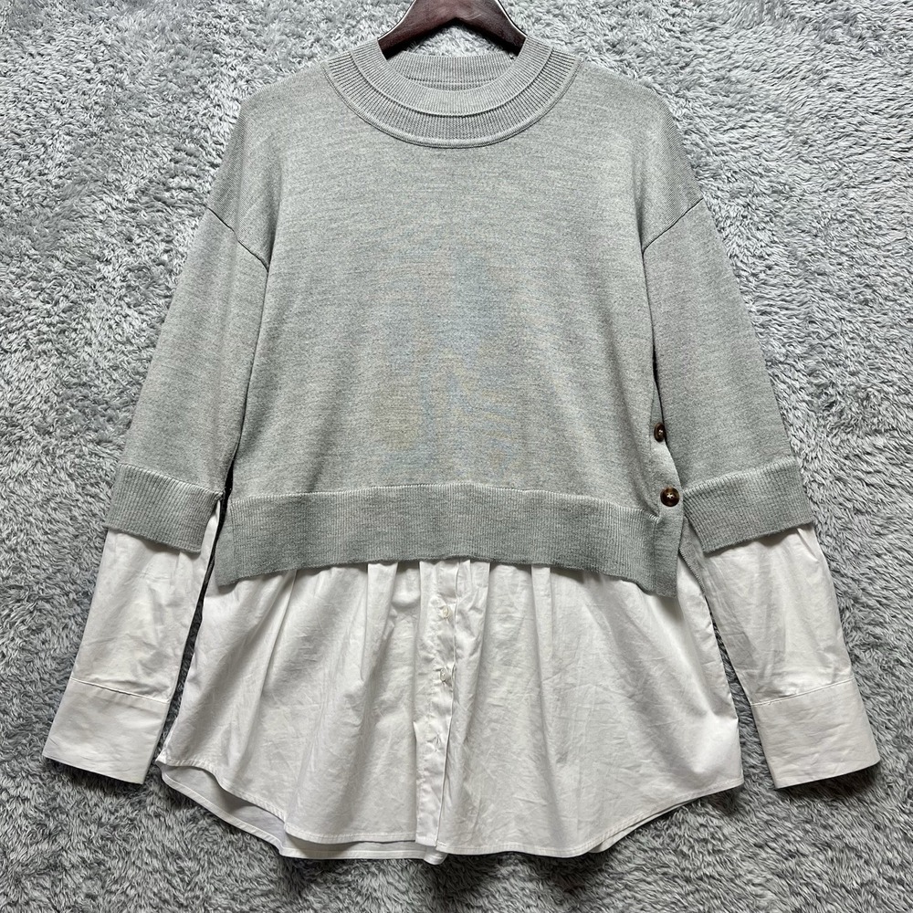 Veronica Beard Amirah Merino Wool Shirttail Sweater‎ Womens Large Gray White Top